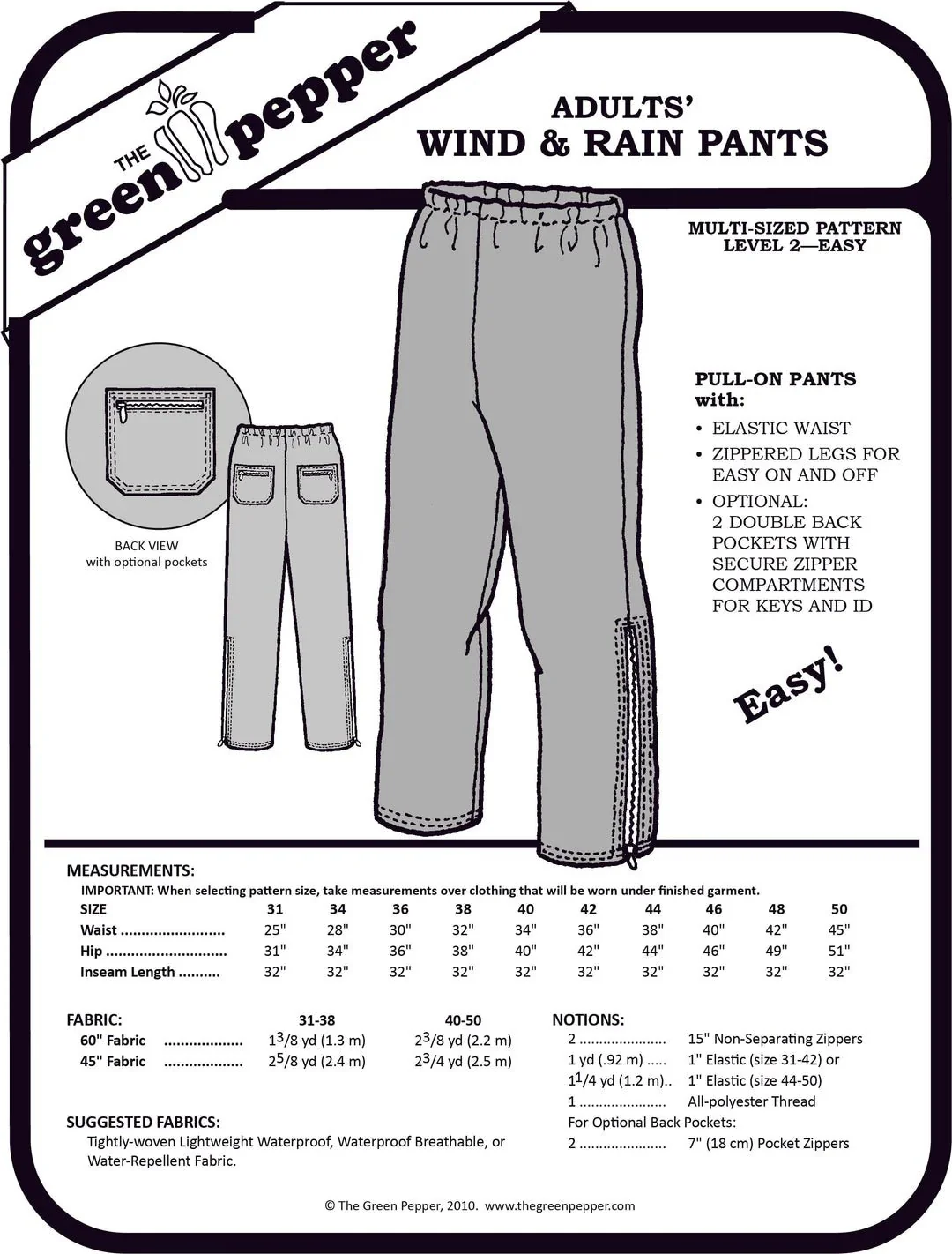 Adult Wind & Rain Pants PDF Pattern - 128 - The Green Pepper Patterns - Image 2