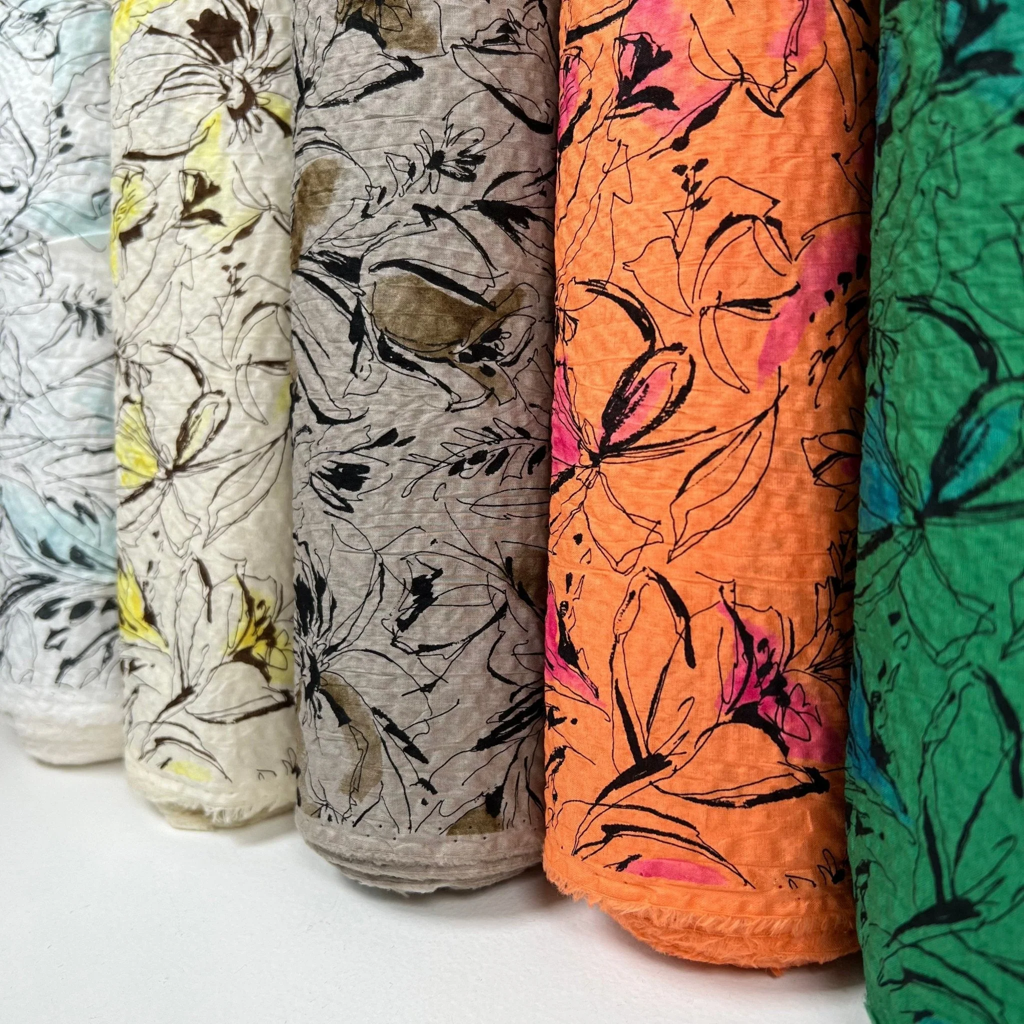 Printed Lawn Shrink Finish - Miracle Wave - Oeko-Tex® - Japanese Import - Abstract Floral I - Brown / Yellow / Natural