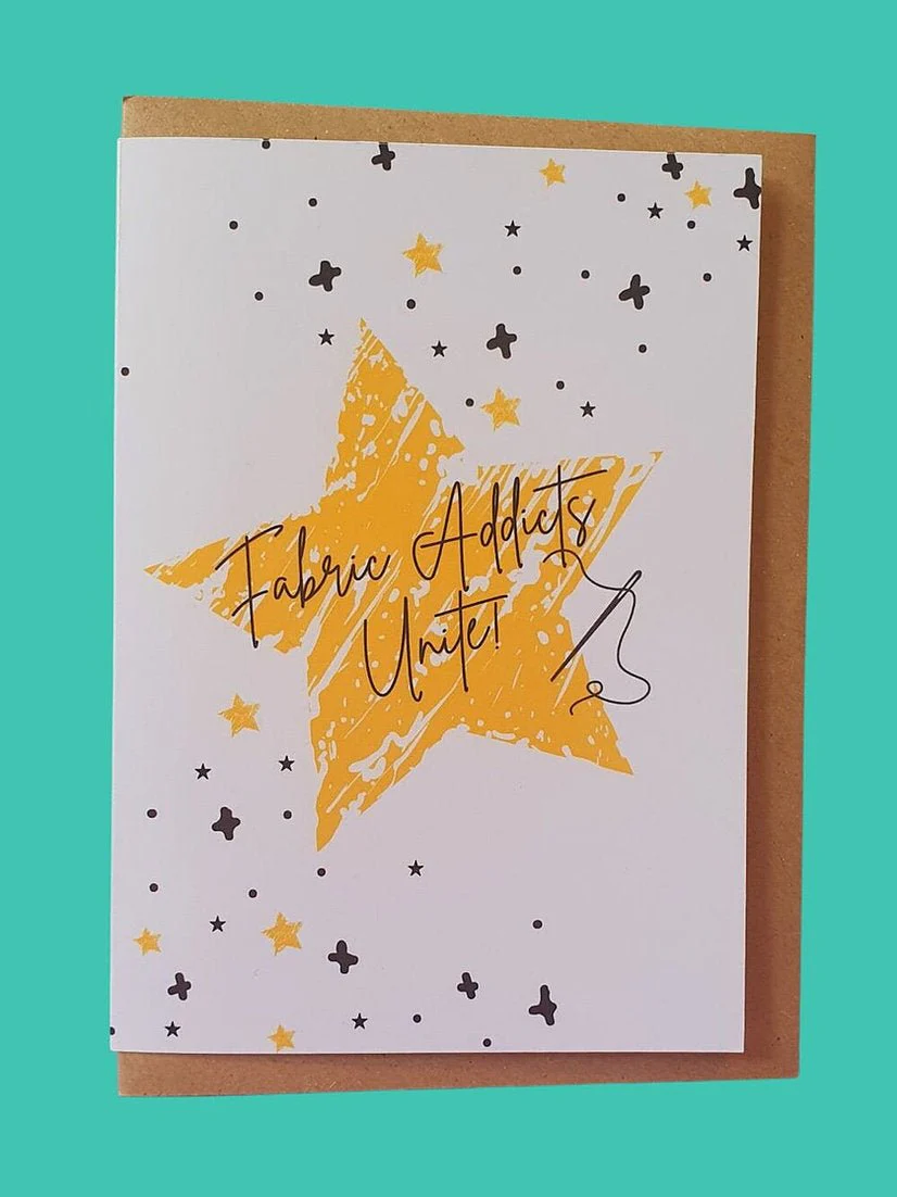 "FABRIC ADDICTS UNITE" Sewing Themed Greeting Card - Sew Anonymous