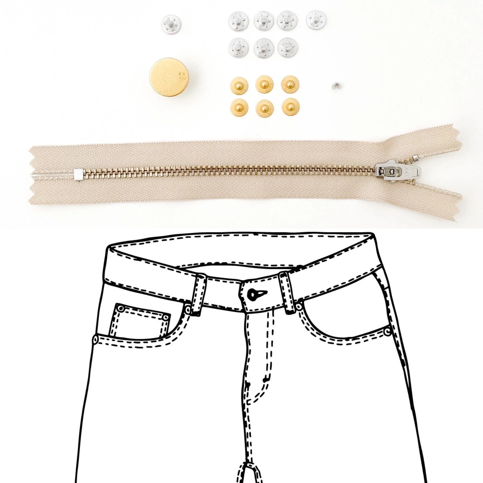 Jeans Hardware Kit - REFILL KIT - Beige Zipper / Gold Hardware - Kylie And The Machine