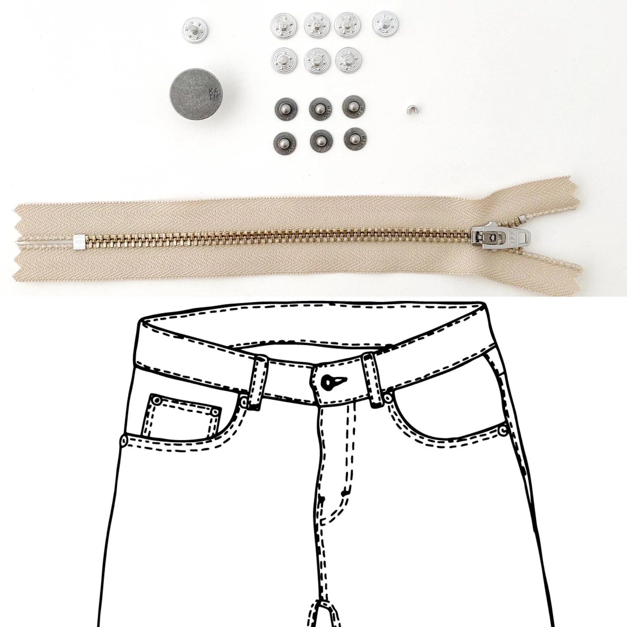 Jeans Hardware Kit - REFILL KIT - Beige Zipper / Pewter Hardware - Kylie And The Machine