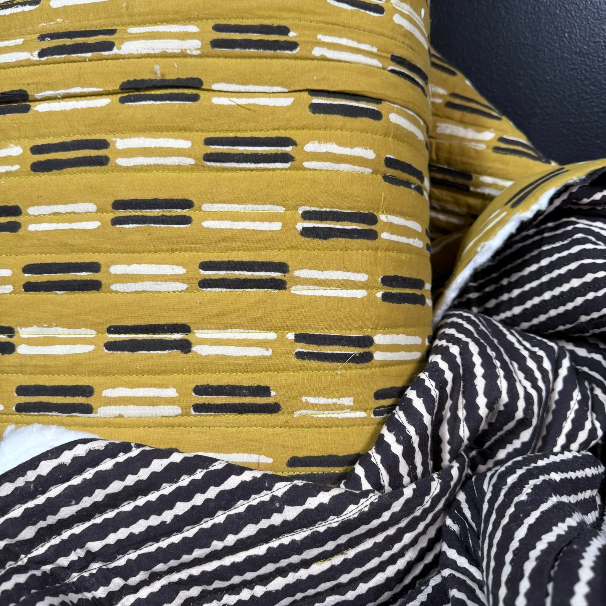 Ochre Code + Zigwave Stripe - Quilted Bagru Indian Cotton Block Print (Reversible)