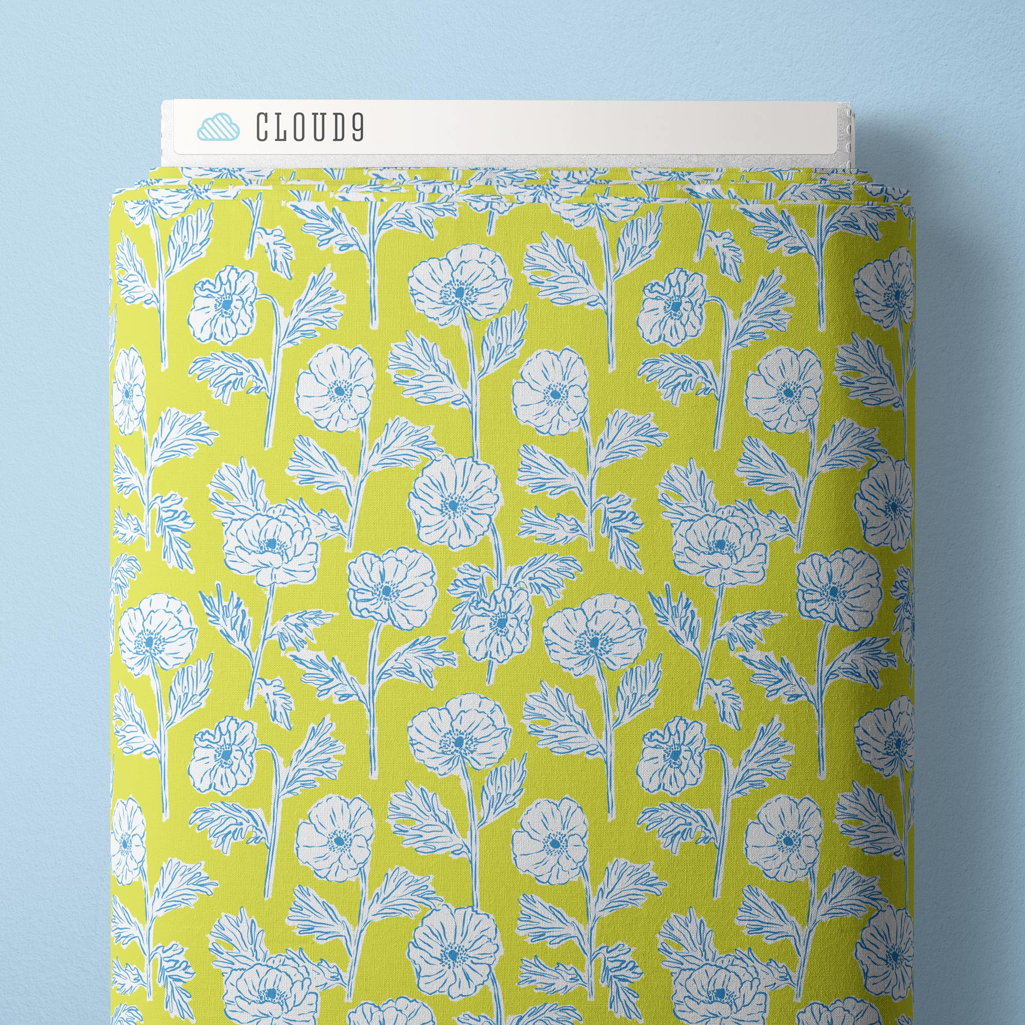 Painted Poppies - Lime/Blue - Nice Nice - Emily Taylor - Cloud 9 Fabrics - Poplin