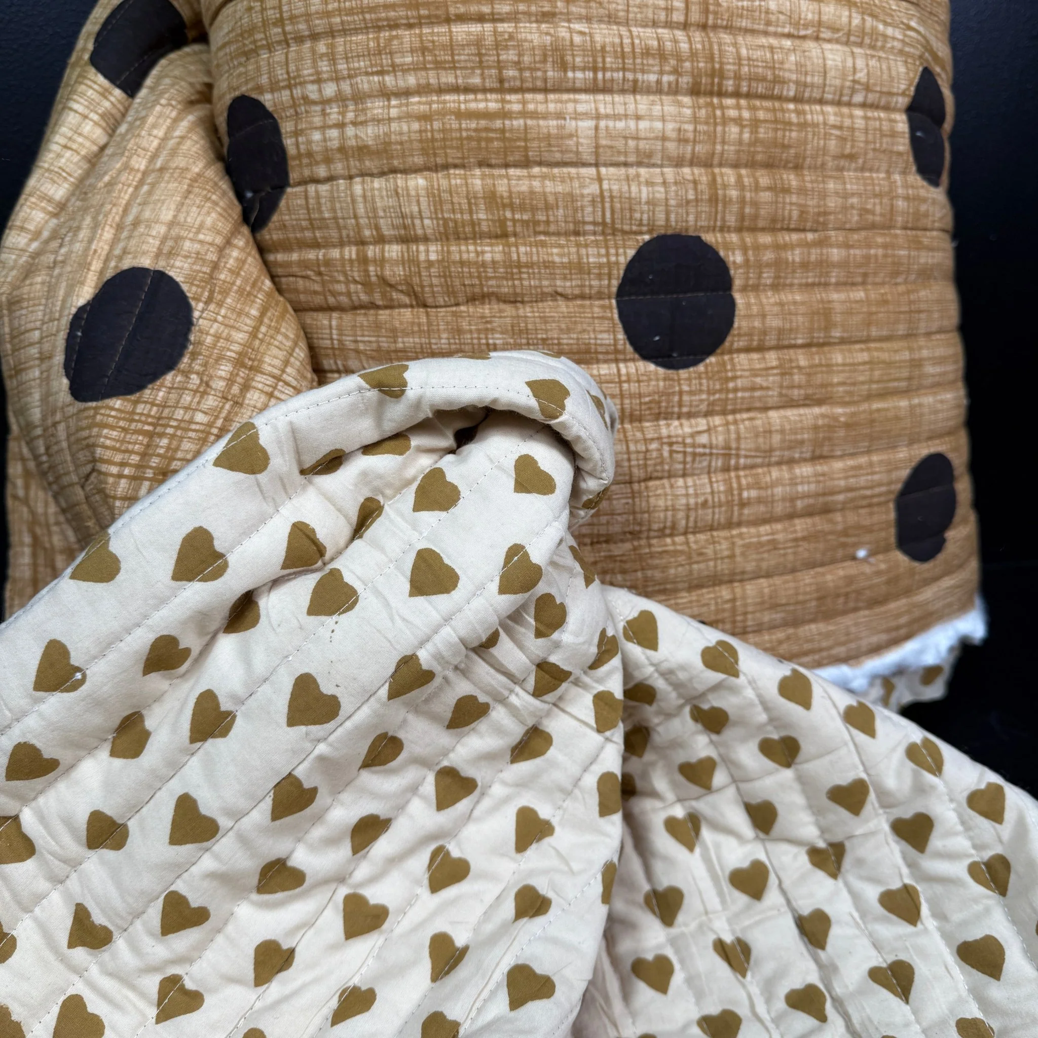 Earthen Polka + Golden Hearts - Quilted Bagru Indian Cotton Block Print (Reversible)