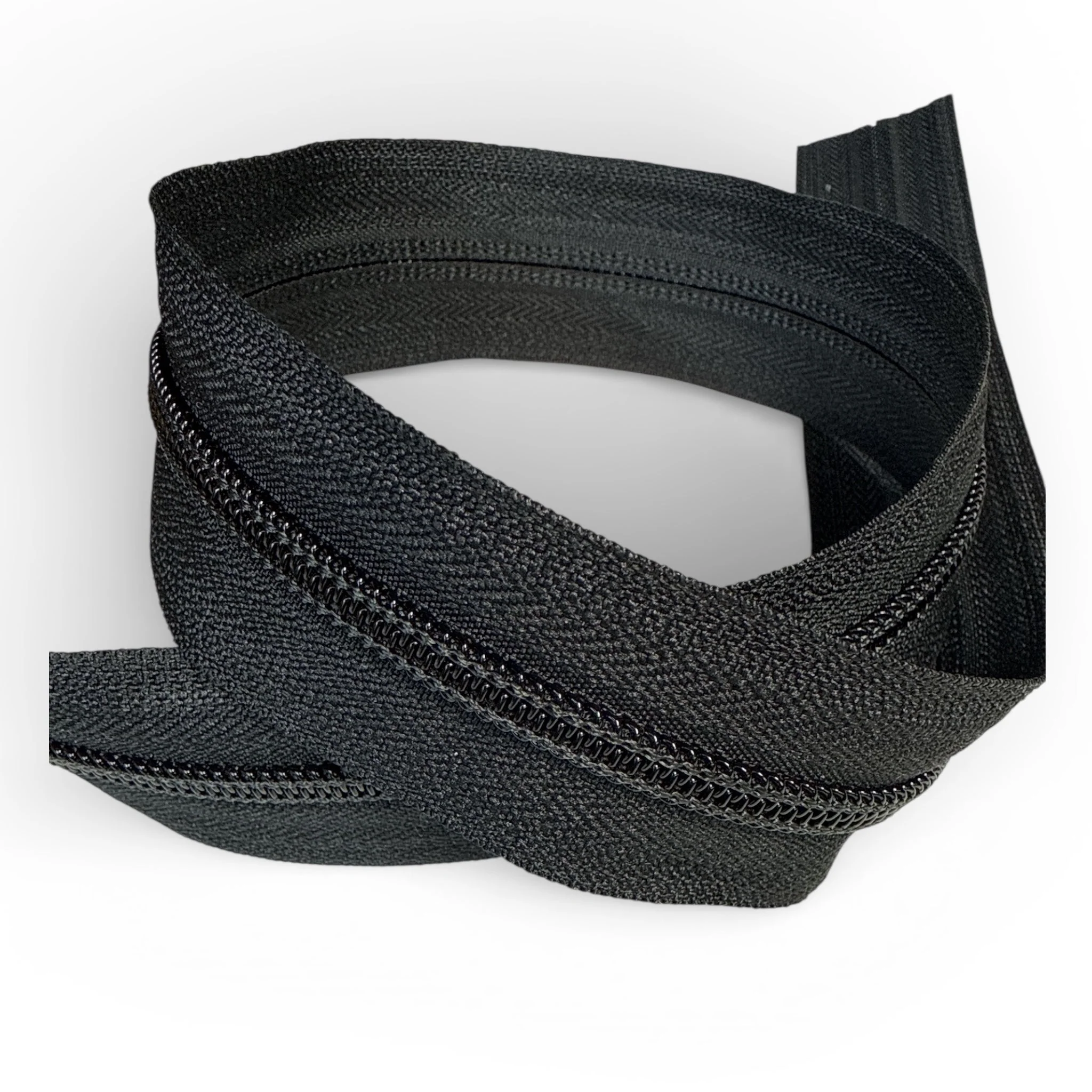 #5 Nylon Coil Zipper Chain - Polyester Taper with Black Nylon Teeth - Sold By the Meter